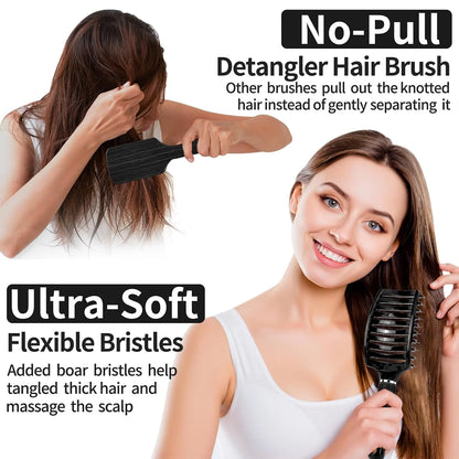 HIPPIH Boar Bristle Hair Brush Set of 2, Detangling Smoothing for Wet & Dry