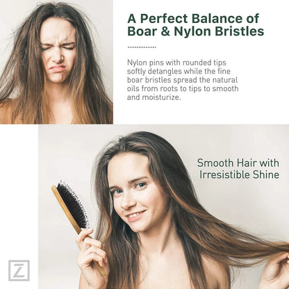 Natural Boar Bristle Hair Brush for Women, Men, Kids; Dry and Wet Detangling Hair Brush Gently Enhances Shine, Smooths Frizz and Prevents Breakage in Fine and Straight, Thick and Curly Hair (paddle)