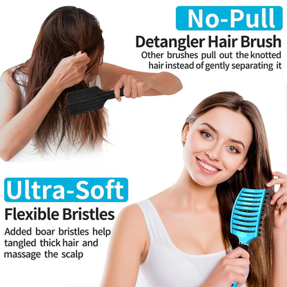 HIPPIH Boar Bristle Hair Brush Set of 2, Detangling Smoothing for Wet & Dry
