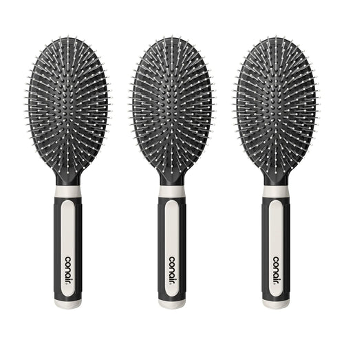 Conair Salon Results 3-Pack Hair Brushes, Detangling Hair Brush for Men and Women, For All Hair Types, Metal Bristles and Cushion Base, Black