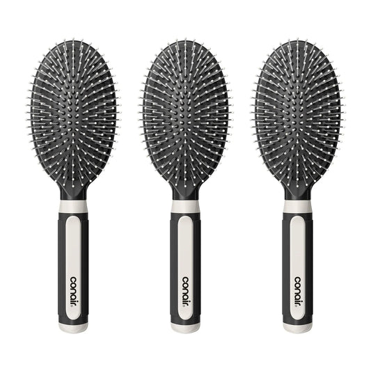 Conair Salon Results 3-Pack Hair Brushes, Detangling Hair Brush for Men and Women, For All Hair Types, Metal Bristles and Cushion Base, Black