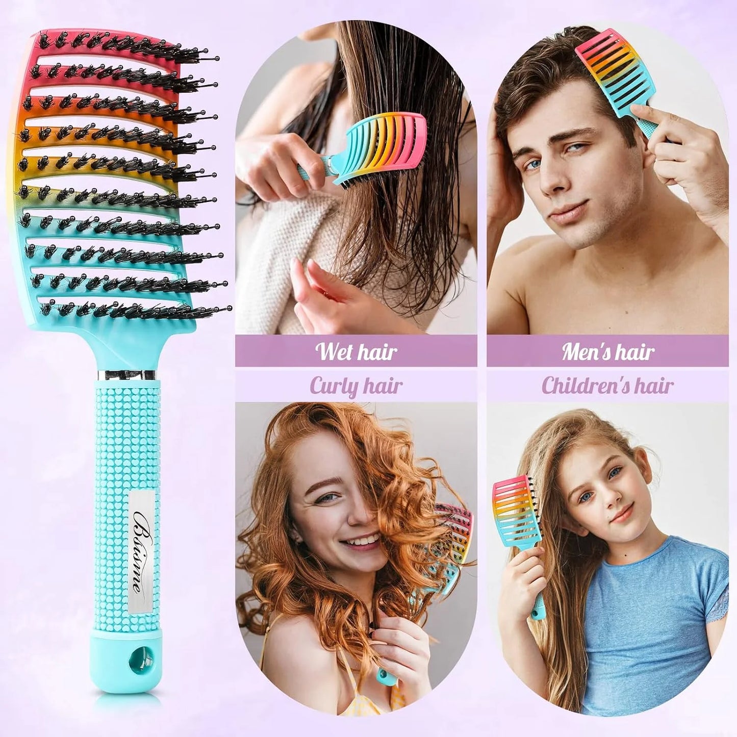 Boar Bristle Hair Brush Curved Vented Detangler Brush Faster Blow Drying, Paddle Detangling Brush for Women Men Kids Wet Dry Long Curly Thick Straight Hair, Make Hair Shiny and Healthier(Purple+Green)