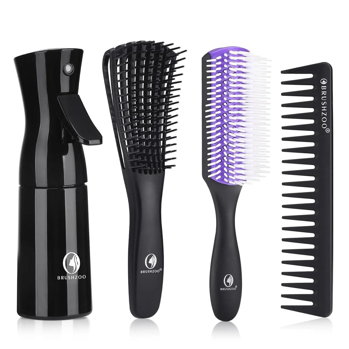 BRUSHZOO Detangling Brush with Hair Spray Bottle, Wide Tooth Comb for Women, Men, and Kids - 9 Row Brush with Detangler for Natural 3/4abc Curly Hair