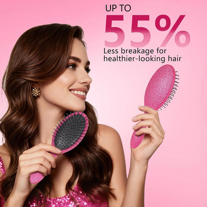 Glitter Detangling Brush, Wet & Dry Tangle-Free Hair Brush for Women & Girls, No Tangle, Soft and Flexible Bristles for Straight, Curly and Thick Hair (Red)