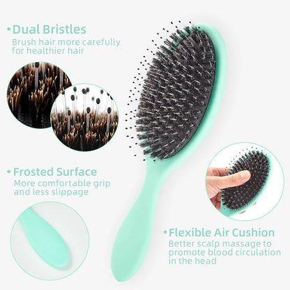 Boar Bristles Hair Brush for Women and Men, Detangling Hair Brush for Smoothing Massage Add Shine, Nylon&Boar Bristles Detangler brush for Hair Healthy (1 Pack-MintGreen)