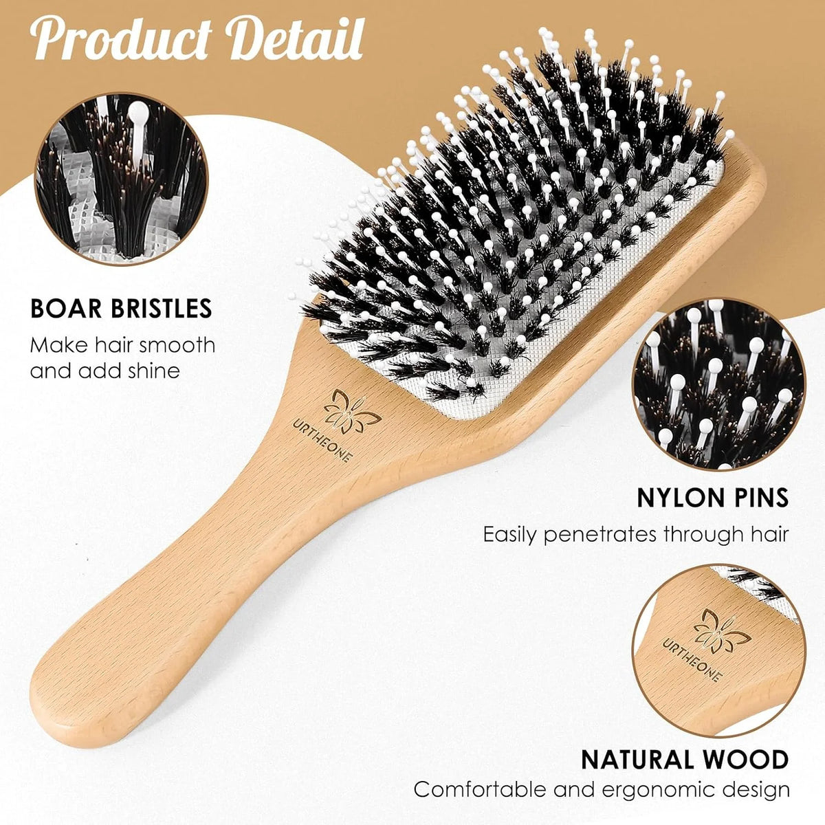 URTHEONE Hair Brush,Boar Bristle Hair Brushes and Styling Comb Set for Women Men Kids, Best Natural Wooden Paddle Hairbrush for Wet or Dry Hair Detangling Smoothing Massaging