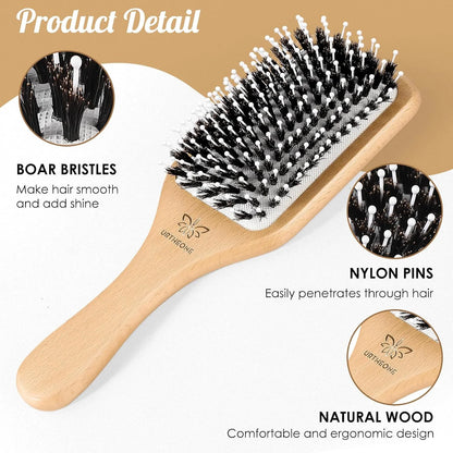 URTHEONE Hair Brush,Boar Bristle Hair Brushes and Styling Comb Set for Women Men Kids, Best Natural Wooden Paddle Hairbrush for Wet or Dry Hair Detangling Smoothing Massaging