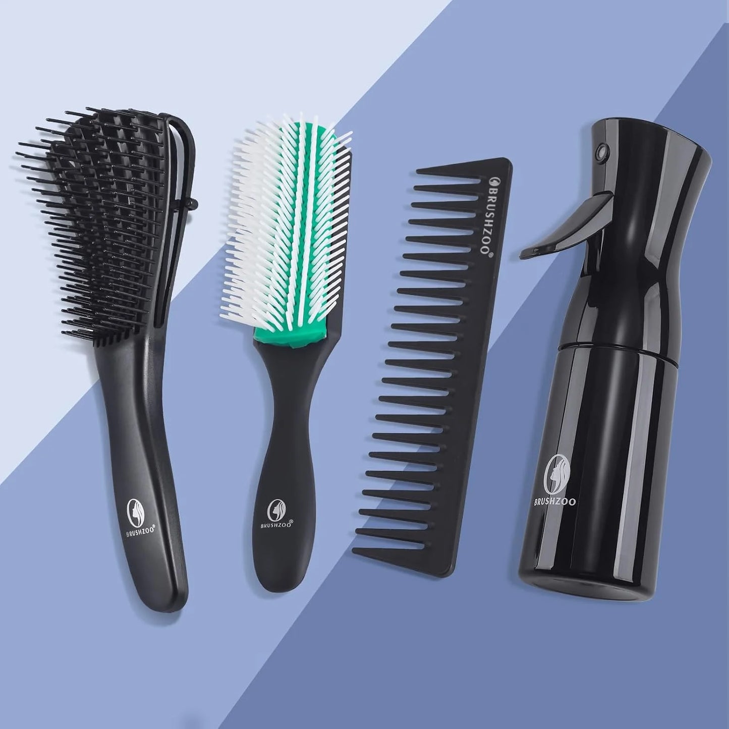 BRUSHZOO Detangling Brush with Hair Spray Bottle, Wide Tooth Comb for Women, Men, and Kids - 9 Row Brush with Detangler for Natural 3/4abc Curly Hair