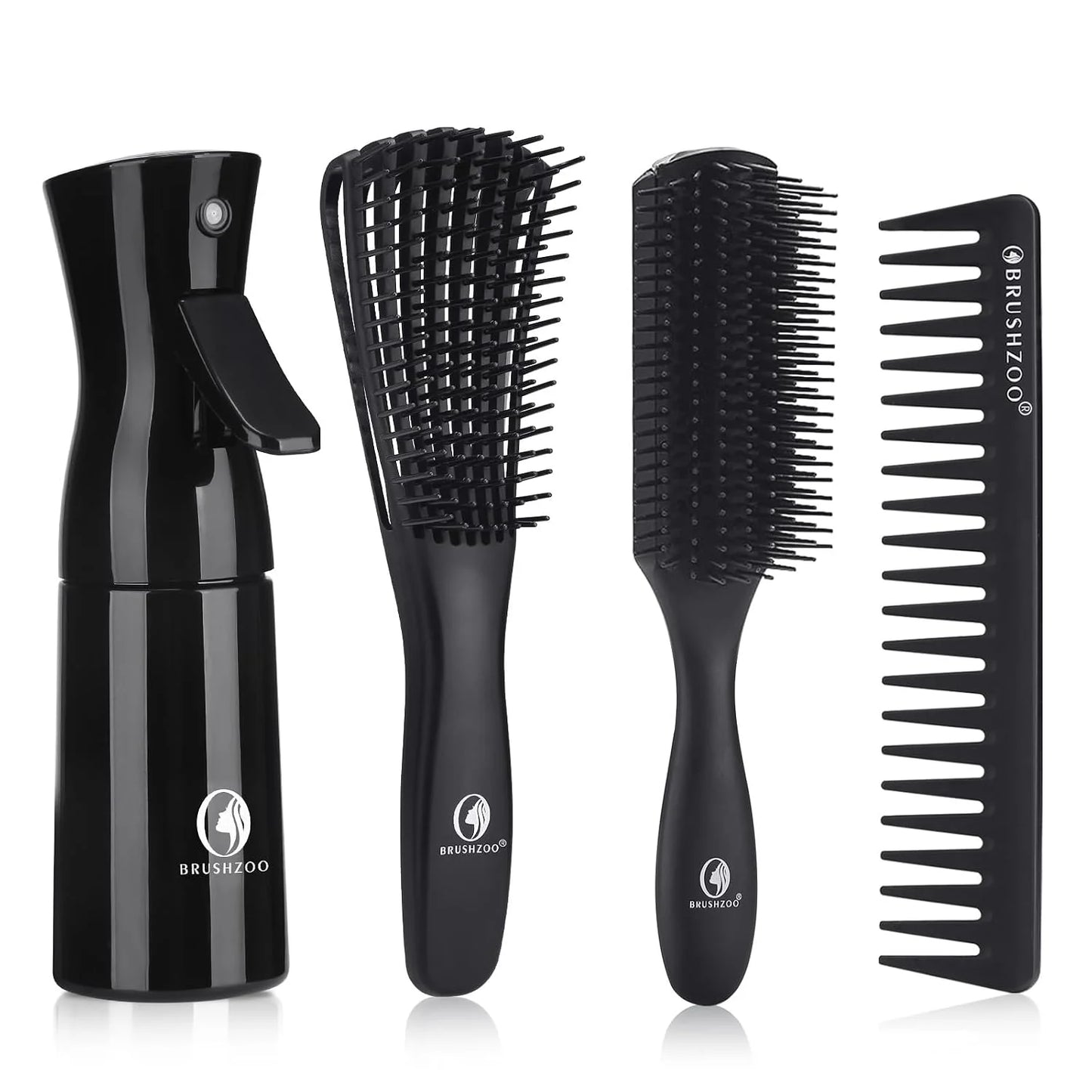 BRUSHZOO Detangling Brush with Hair Spray Bottle, Wide Tooth Comb for Women, Men, and Kids - 9 Row Brush with Detangler for Natural 3/4abc Curly Hair