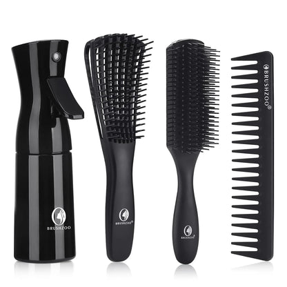 BRUSHZOO Detangling Brush with Hair Spray Bottle, Wide Tooth Comb for Women, Men, and Kids - 9 Row Brush with Detangler for Natural 3/4abc Curly Hair
