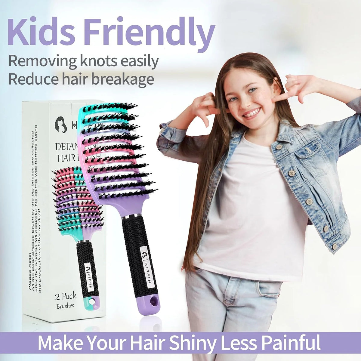 HIPPIH Boar Bristle Hair Brush Set of 2, Detangling Smoothing for Wet & Dry