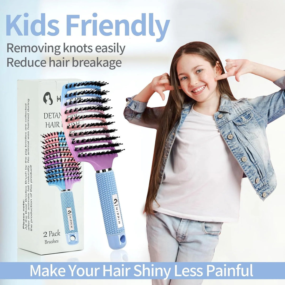 HIPPIH Boar Bristle Hair Brush Set of 2, Detangling Smoothing for Wet & Dry