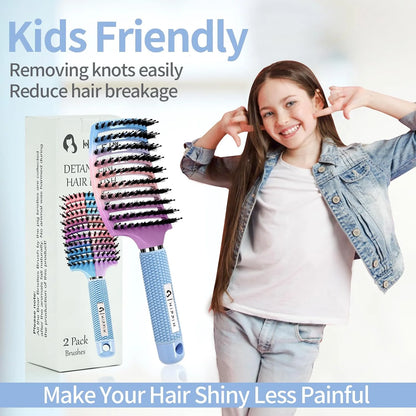 HIPPIH Boar Bristle Hair Brush Set of 2, Detangling Smoothing for Wet & Dry
