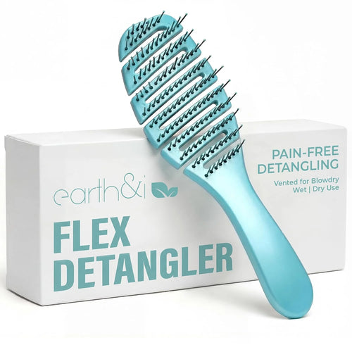 Earth & I Pain-Free Flex Detangler: Wet/Dry Curly Hair Brush, Teal Blue
