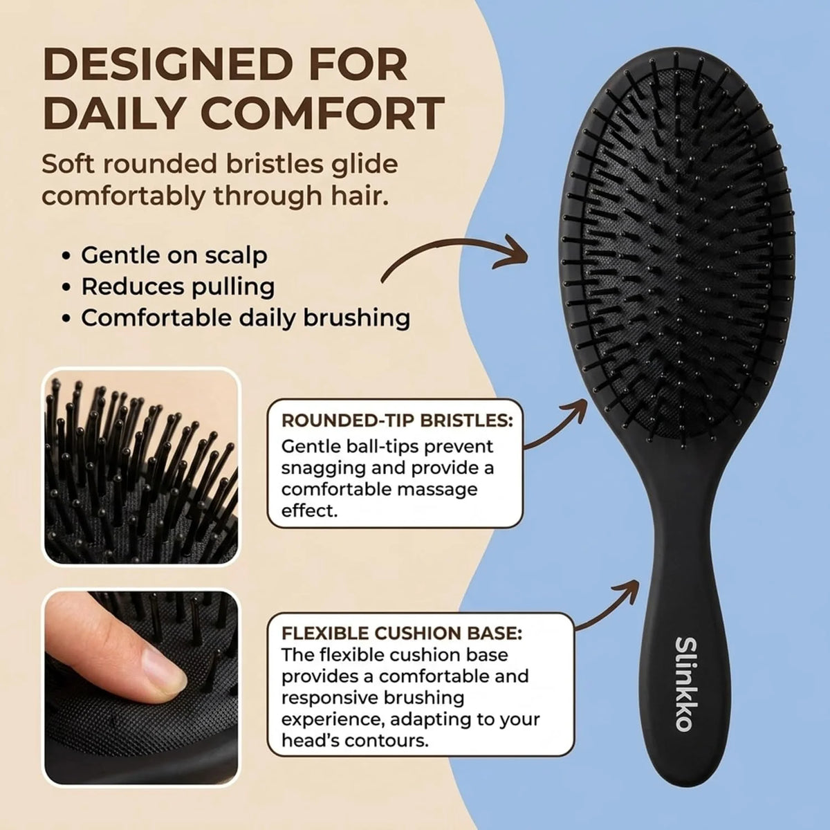 Detangling Hair Brush for Curly, Thick & Wavy Hair, Wet & Dry Hairbrush with Flexible Nylon Bristles and Cushion Pad, Gentle Scalp Brush for Women, Men & Kids, Matte Black