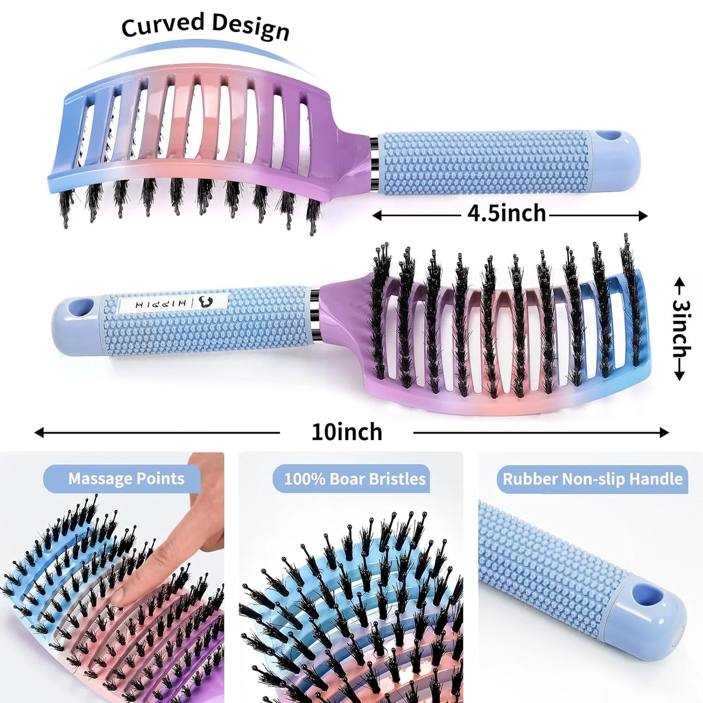 HIPPIH Boar Bristle Hair Brush Set of 2, Detangling Smoothing for Wet & Dry
