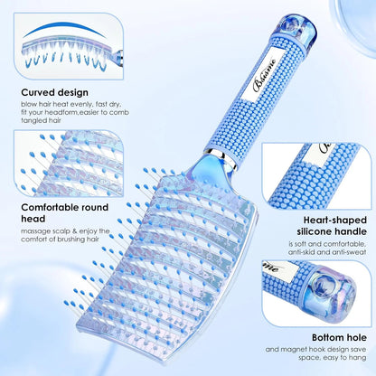 Boar Bristle Hair Brush Curved Vented Detangler Brush Faster Blow Drying, Paddle Detangling Brush for Women Men Kids Wet Dry Long Curly Thick Straight Hair, Make Hair Shiny and Healthier(Purple+Green)