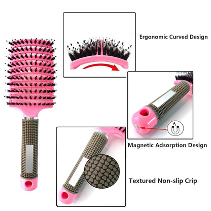 2 PACK Boar Bristle Hair Brush No Pull Curved Vented Hair Brushes Detangler Brush Fast Blow Drying Hair Brush for Kids Men Women Wet Dry Long Thin Thick Curly Tangled Hair (pink+green)