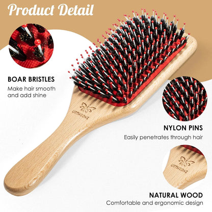 URTHEONE Hair Brush,Boar Bristle Hair Brushes and Styling Comb Set for Women Men Kids, Best Natural Wooden Paddle Hairbrush for Wet or Dry Hair Detangling Smoothing Massaging