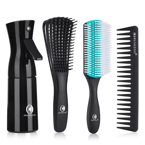 BRUSHZOO Detangling Brush with Hair Spray Bottle, Wide Tooth Comb for Women, Men, and Kids - 9 Row Brush with Detangler for Natural 3/4abc Curly Hair