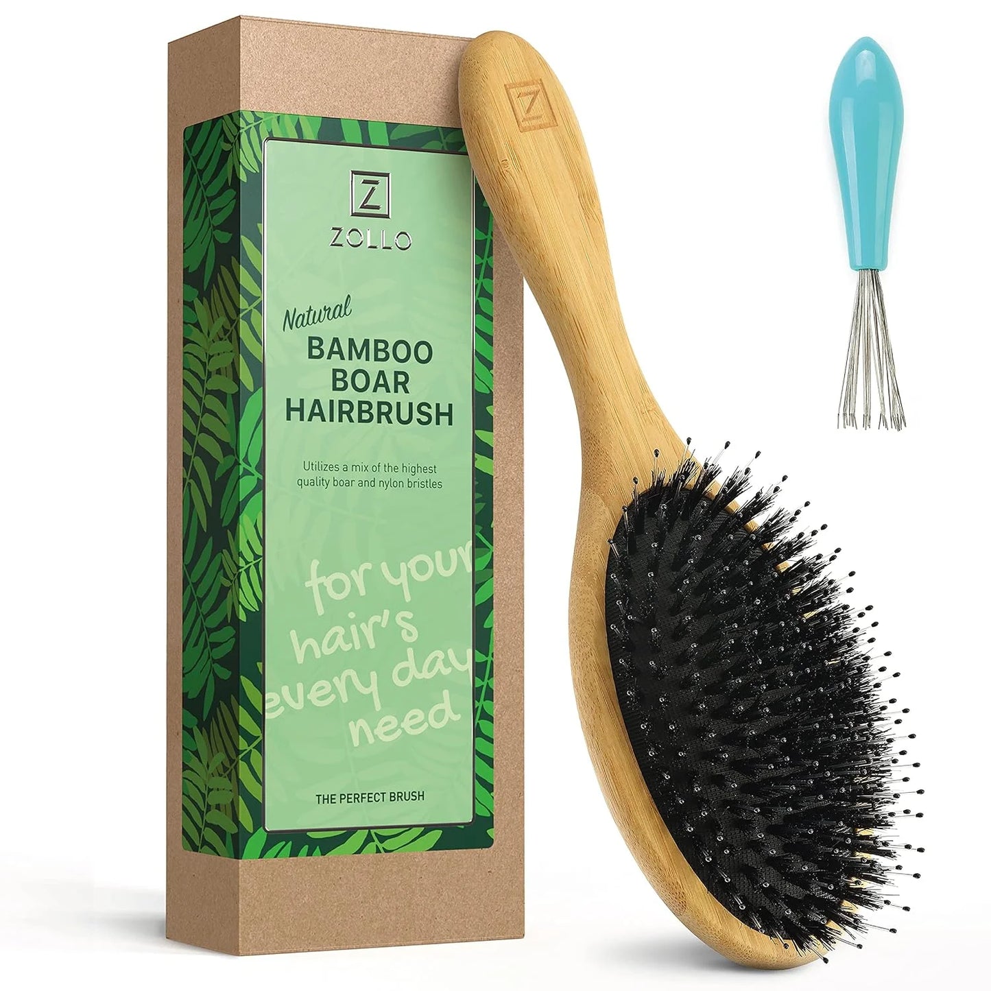 Natural Boar Bristle Hair Brush for Women, Men, Kids; Dry and Wet Detangling Hair Brush Gently Enhances Shine, Smooths Frizz and Prevents Breakage in Fine and Straight, Thick and Curly Hair (paddle)