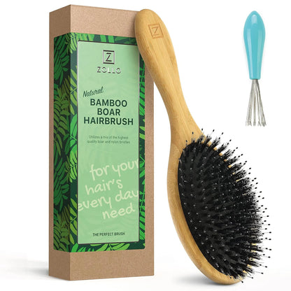 Natural Boar Bristle Hair Brush for Women, Men, Kids; Dry and Wet Detangling Hair Brush Gently Enhances Shine, Smooths Frizz and Prevents Breakage in Fine and Straight, Thick and Curly Hair (paddle)