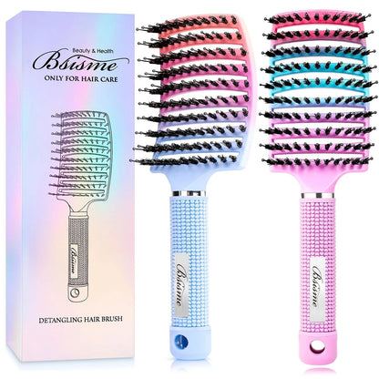 Boar Bristle Hair Brush Curved Vented Detangler Brush Faster Blow Drying, Paddle Detangling Brush for Women Men Kids Wet Dry Long Curly Thick Straight Hair, Make Hair Shiny and Healthier(Purple+Green)