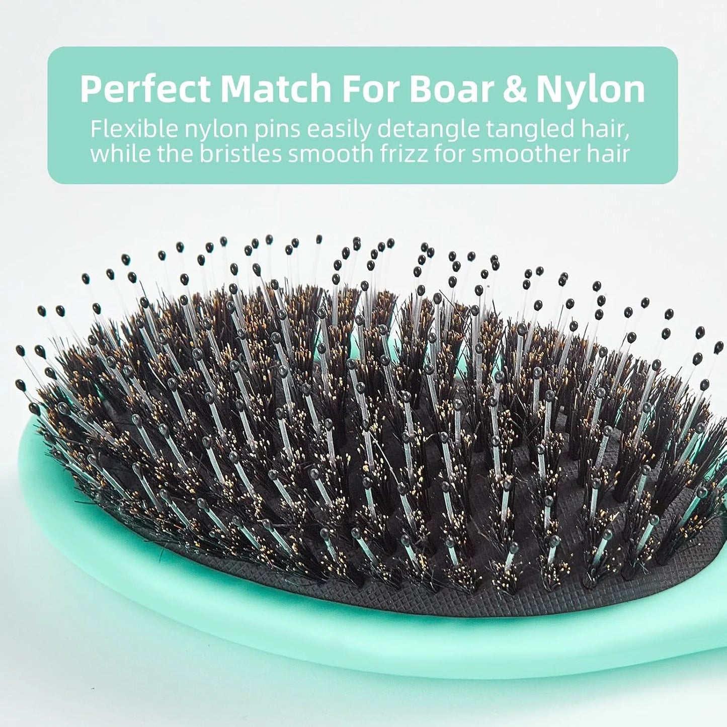 Boar Bristles Hair Brush for Women and Men, Detangling Hair Brush for Smoothing Massage Add Shine, Nylon&Boar Bristles Detangler brush for Hair Healthy (1 Pack-MintGreen)