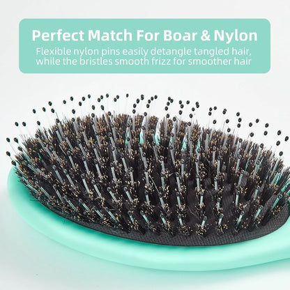 Boar Bristles Hair Brush for Women and Men, Detangling Hair Brush for Smoothing Massage Add Shine, Nylon&Boar Bristles Detangler brush for Hair Healthy (1 Pack-MintGreen)
