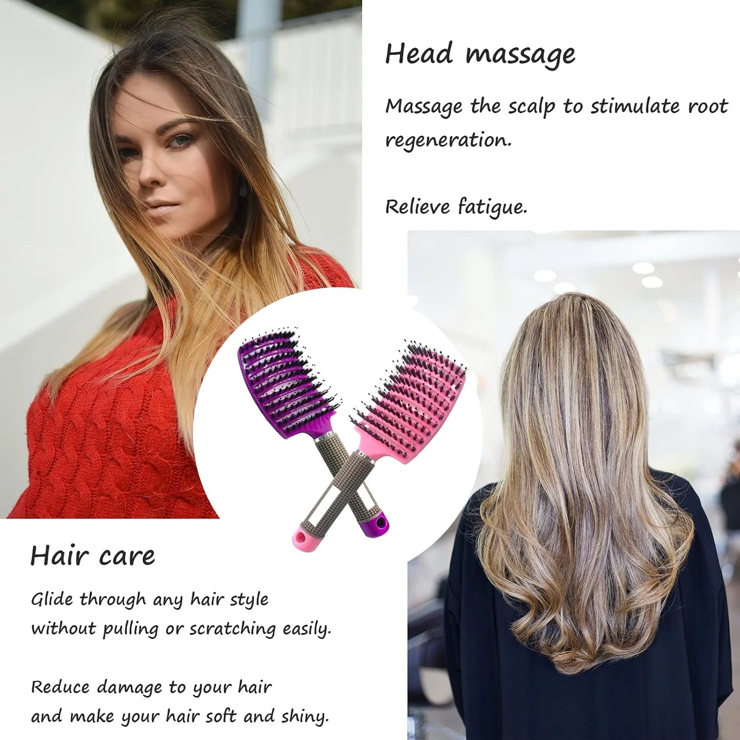 2 PACK Boar Bristle Hair Brush No Pull Curved Vented Hair Brushes Detangler Brush Fast Blow Drying Hair Brush for Kids Men Women Wet Dry Long Thin Thick Curly Tangled Hair (pink+green)