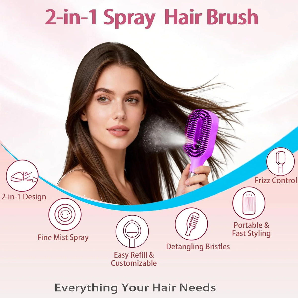Hair Brush with Water Spray - 2-in-1 Detangler Brush for Frizz Control