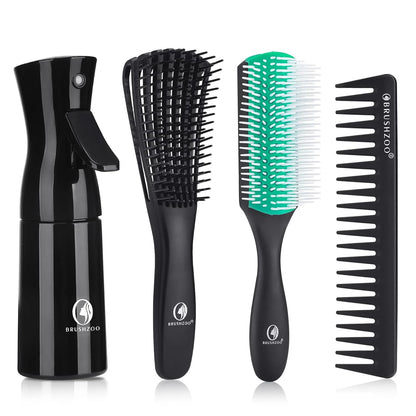 BRUSHZOO Detangling Brush with Hair Spray Bottle, Wide Tooth Comb for Women, Men, and Kids - 9 Row Brush with Detangler for Natural 3/4abc Curly Hair