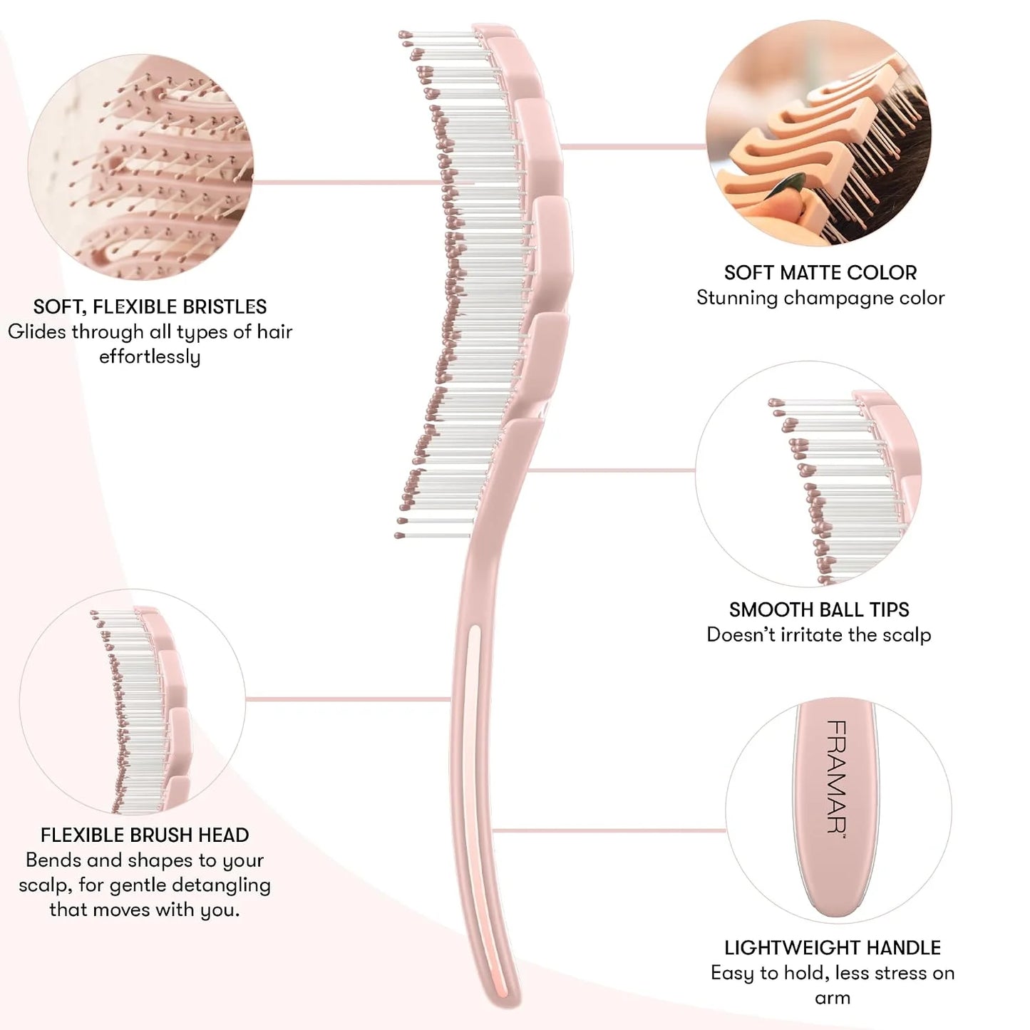 FRAMAR Vented Pink Hair Brush For Women, Flex Brush With Bendable Frame