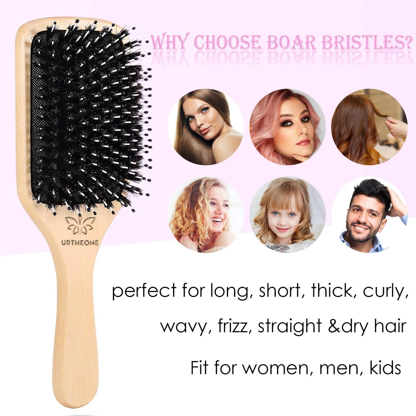 URTHEONE Hair Brush,Boar Bristle Hair Brushes and Styling Comb Set for Women Men Kids, Best Natural Wooden Paddle Hairbrush for Wet or Dry Hair Detangling Smoothing Massaging