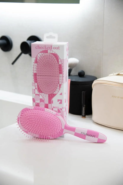 FRAMAR Checkered Hair Brush Detangler, Wet Hair Brushes For Women – Pink