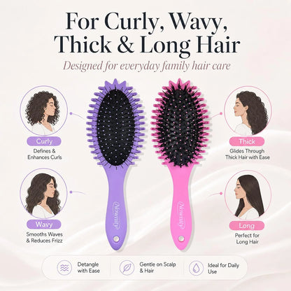 2 Pack Detangling Hair Brush Set with Boar Bristle Brush & 2 Cleaning Brushes, Wet & Dry Hair Brushes for Curly, Wavy, Thick Hair, Gentle No-Pull Detangler for Women, Kid (Pink+Purple)