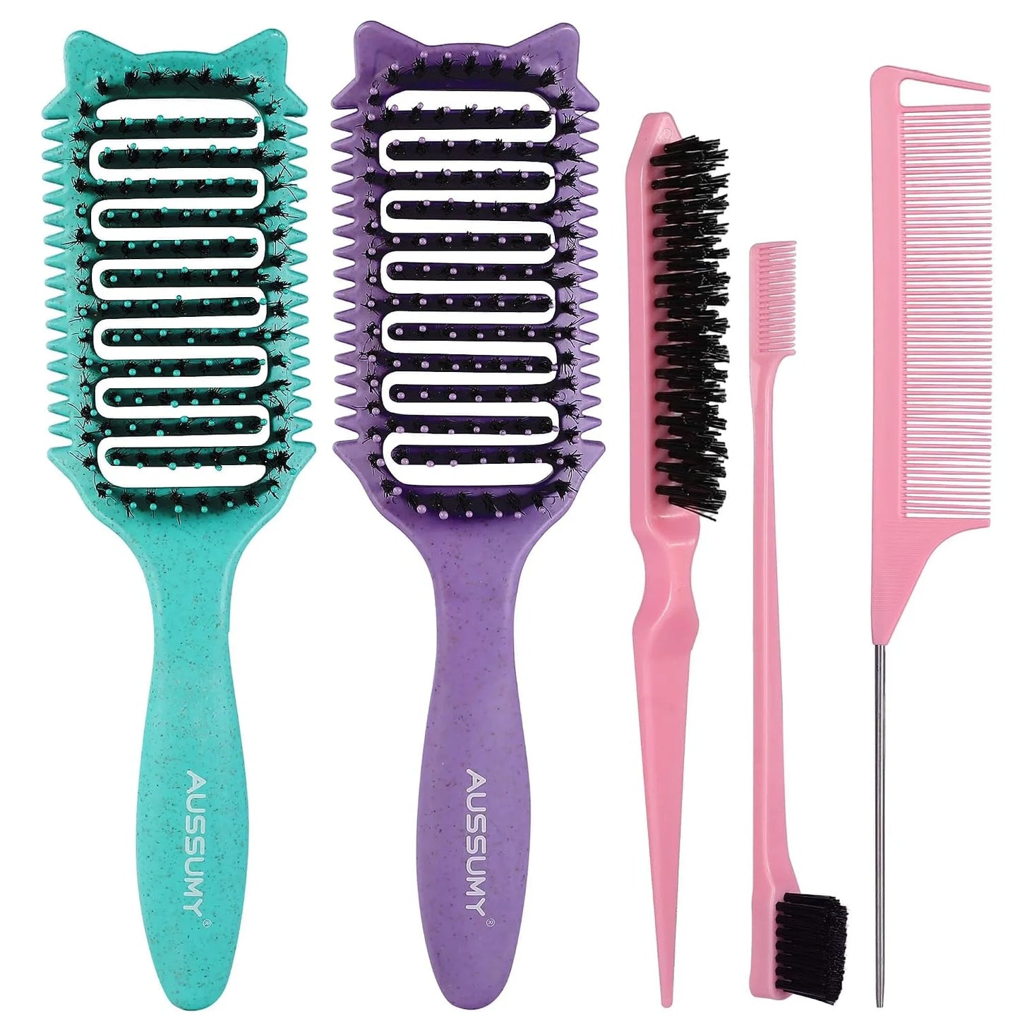 2 Pack Curly Defining & Detangling Brush - With Boar Bristle & 3 Styling Comb Tools – Shine to Shape & Define Natural Curl Waves & Coils - Vented Anti-Frizz Wet or Dry Hair for Women Men Kids