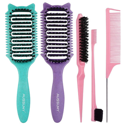 2 Pack Curly Defining & Detangling Brush - With Boar Bristle & 3 Styling Comb Tools – Shine to Shape & Define Natural Curl Waves & Coils - Vented Anti-Frizz Wet or Dry Hair for Women Men Kids