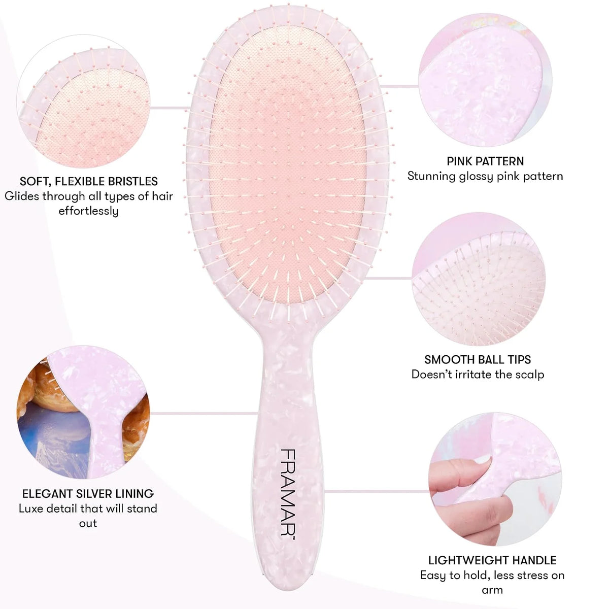 FRAMAR Checkered Hair Brush Detangler, Wet Hair Brushes For Women – Pink