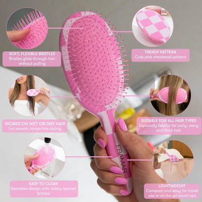 FRAMAR Checkered Hair Brush Detangler, Wet Hair Brushes For Women – Pink