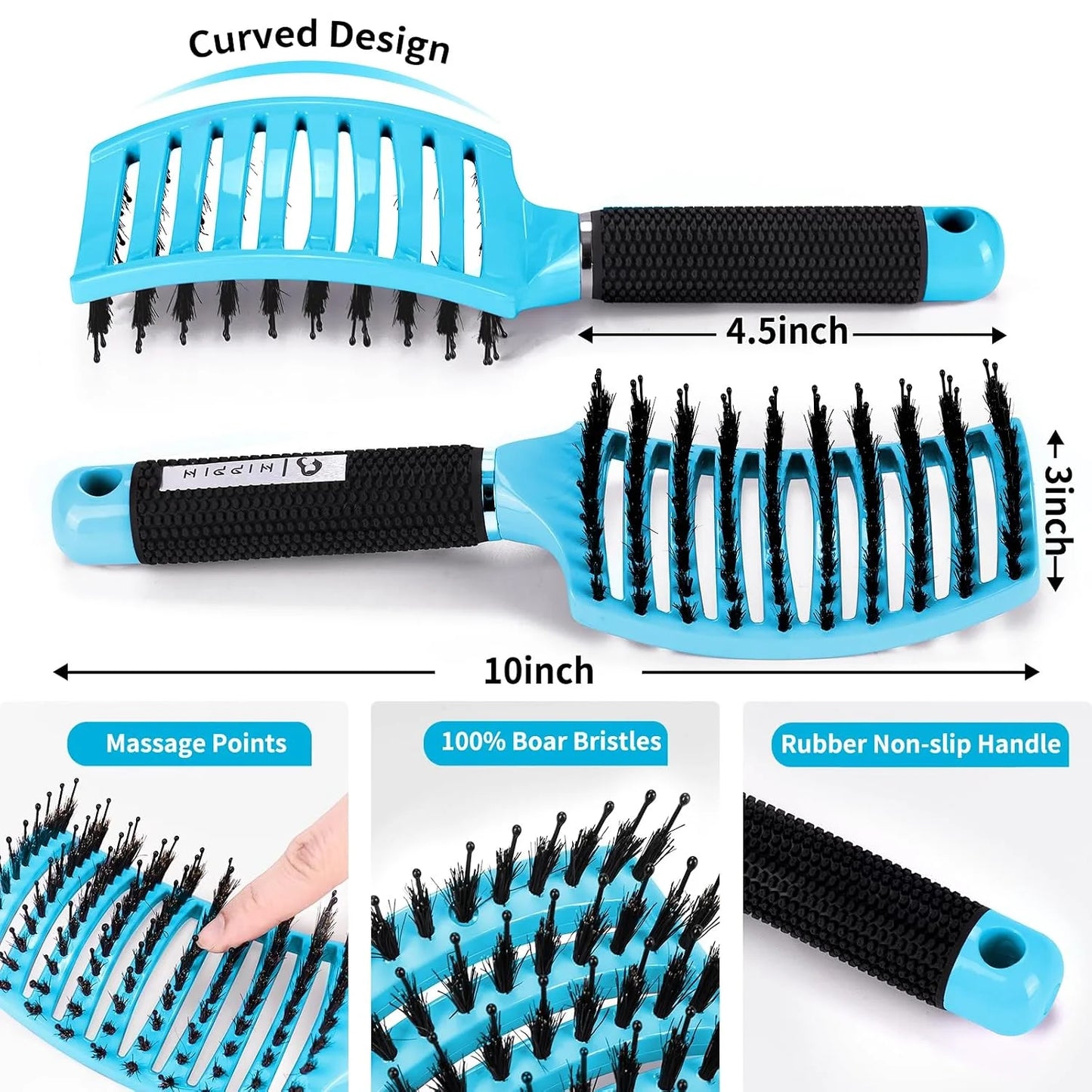 HIPPIH Boar Bristle Hair Brush Set of 2, Detangling Smoothing for Wet & Dry