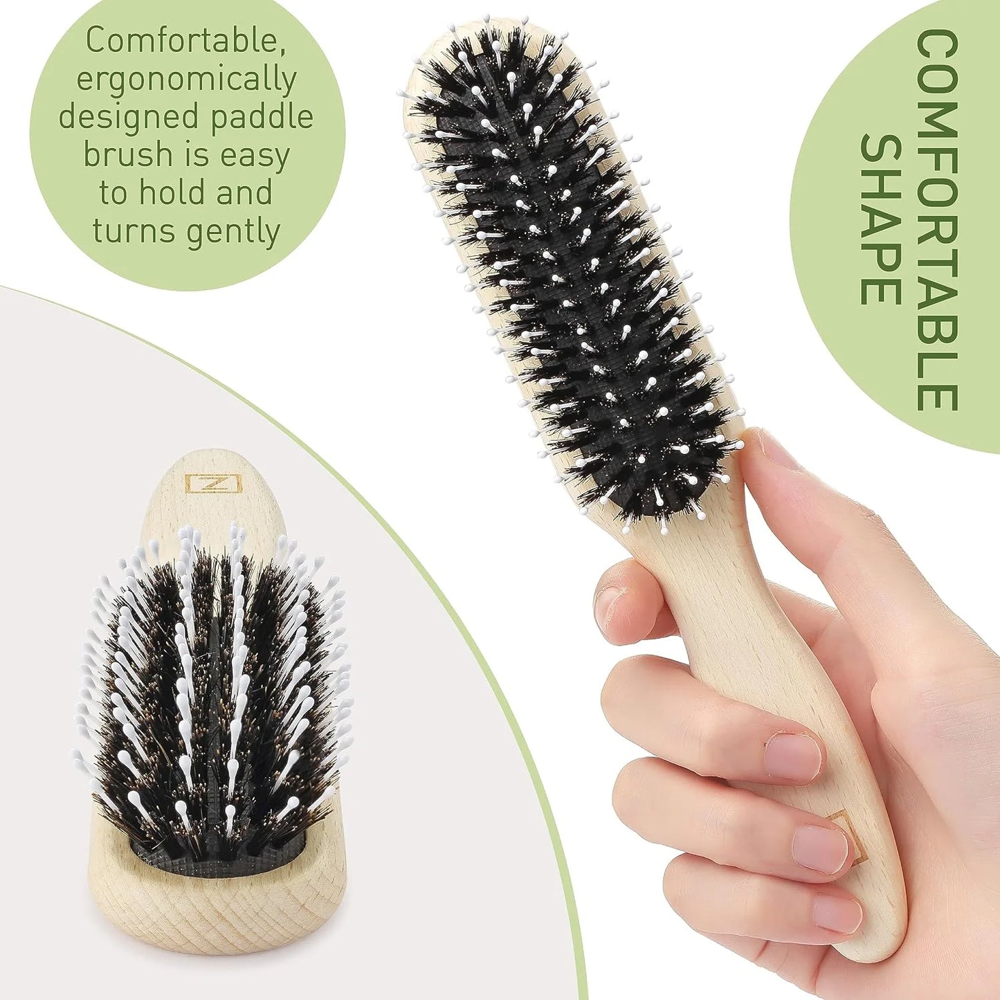 Natural Boar Bristle Hair Brush for Women, Men, Kids; Dry and Wet Detangling Hair Brush Gently Enhances Shine, Smooths Frizz and Prevents Breakage in Fine and Straight, Thick and Curly Hair (oval)
