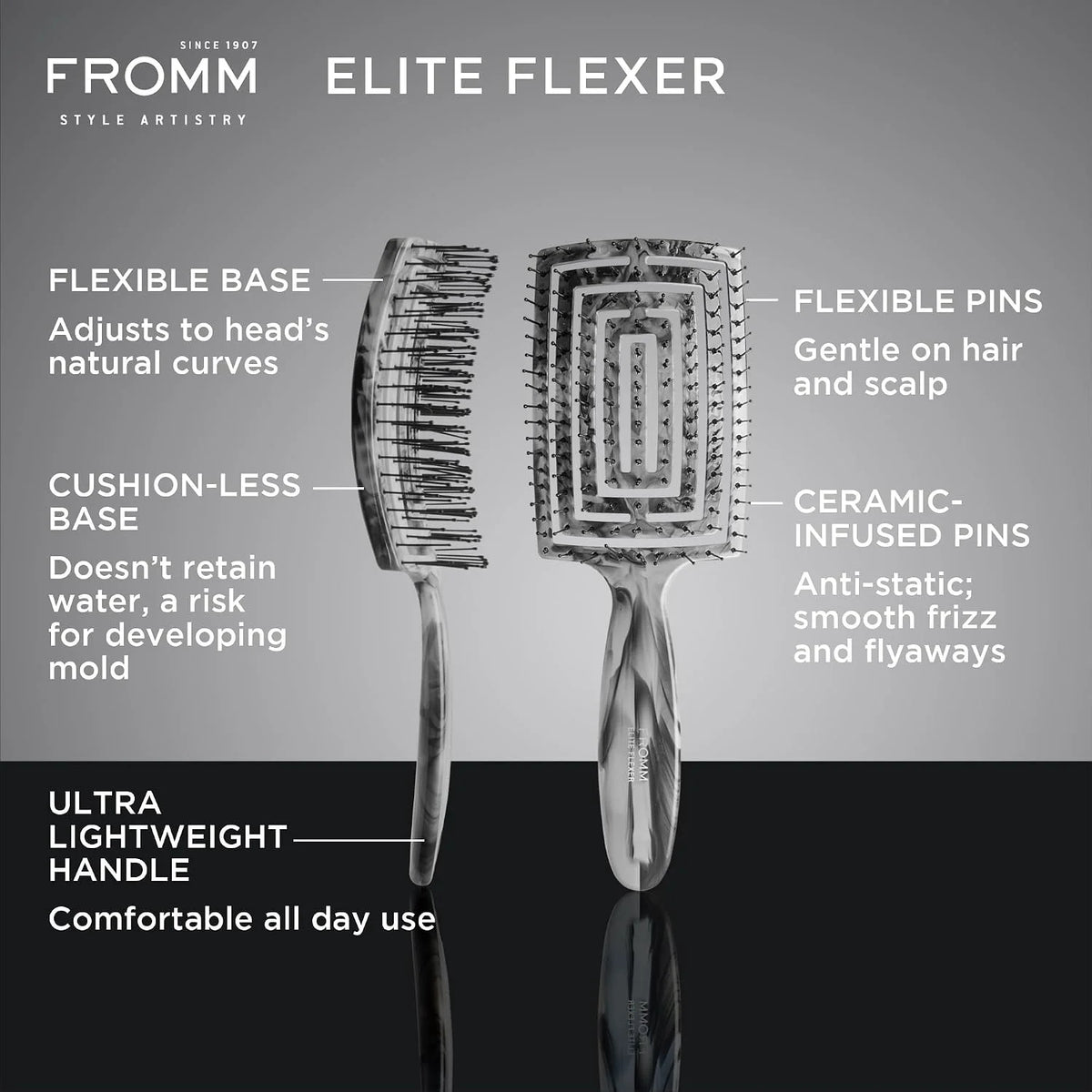 Fromm Professional Elite Flexer Ceramic x Ionic Wet & Dry Detangling Vent Brush | Gentle Hair Detangler & Massage Brush Smooths Frizz & Flyaways, Glides Through Medium to Thick Hair, Easy to Clean