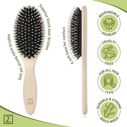 Natural Boar Bristle Hair Brush for Women, Men, Kids; Dry and Wet Detangling Hair Brush Gently Enhances Shine, Smooths Frizz and Prevents Breakage in Fine and Straight, Thick and Curly Hair (oval)