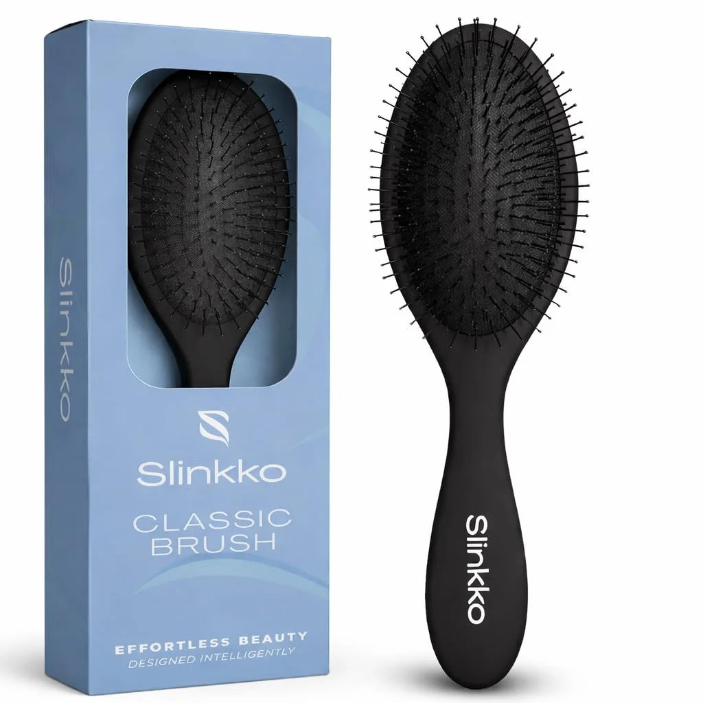 Detangling Hair Brush for Curly, Thick & Wavy Hair, Wet & Dry Hairbrush with Flexible Nylon Bristles and Cushion Pad, Gentle Scalp Brush for Women, Men & Kids, Matte Black