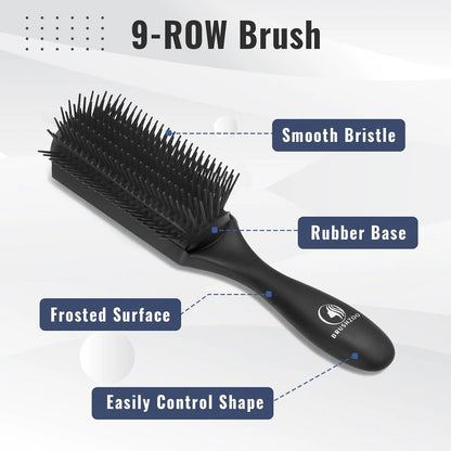 BRUSHZOO Detangling Brush with Hair Spray Bottle, Wide Tooth Comb for Women, Men, and Kids - 9 Row Brush with Detangler for Natural 3/4abc Curly Hair