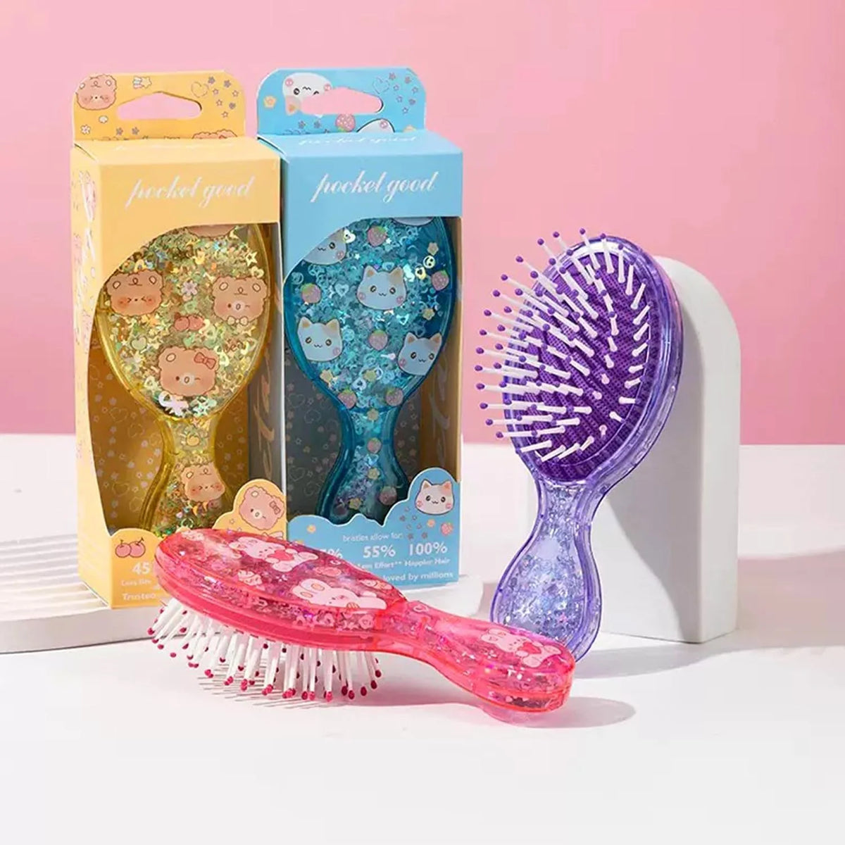Mini Wet Hair Brush,Glitter Detangling Brush Gifts For Women Girls Kids Toddler Small Cute Hair Brushes Travel Shower Massage HairBrush with Air Cushion for Dry,Wet Hair (Pink)
