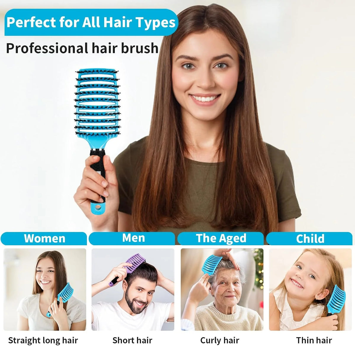 HIPPIH Boar Bristle Hair Brush Set of 2, Detangling Smoothing for Wet & Dry