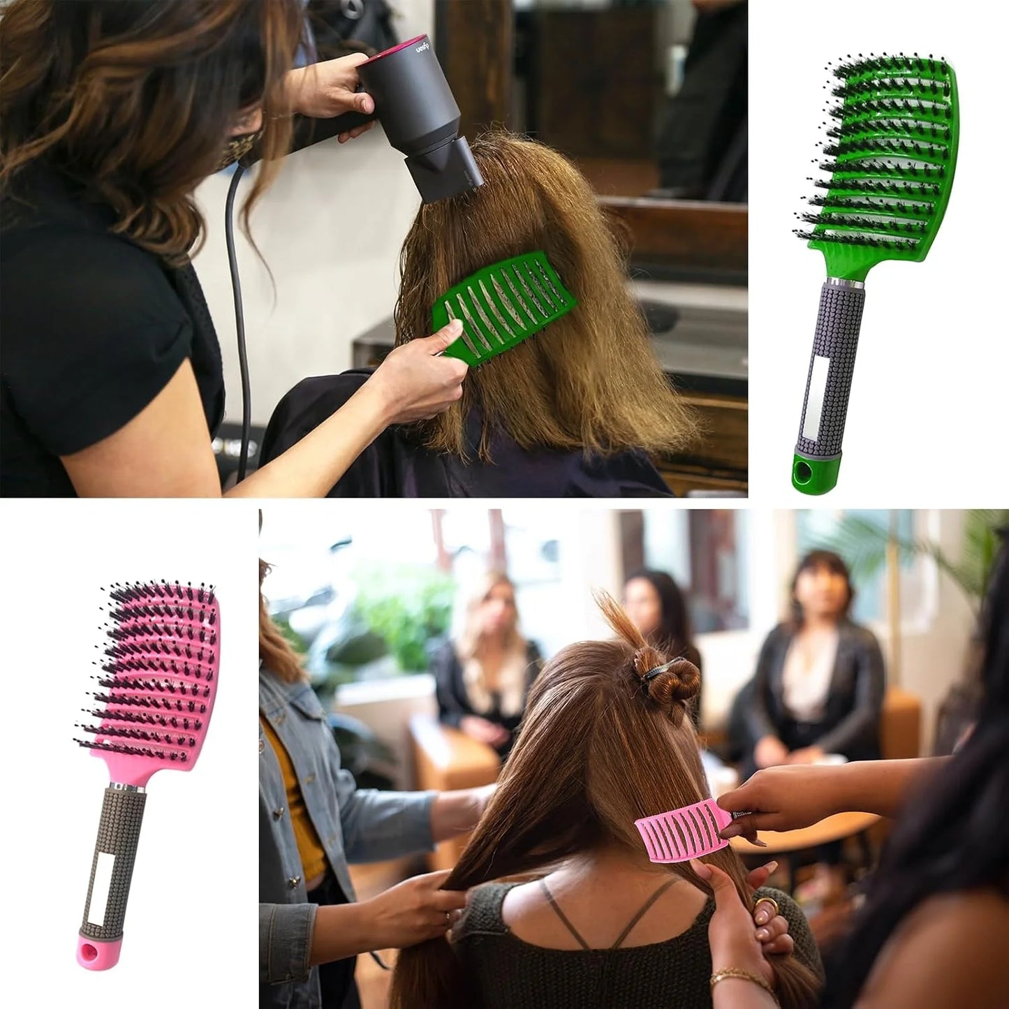 2 PACK Boar Bristle Hair Brush No Pull Curved Vented Hair Brushes Detangler Brush Fast Blow Drying Hair Brush for Kids Men Women Wet Dry Long Thin Thick Curly Tangled Hair (pink+green)