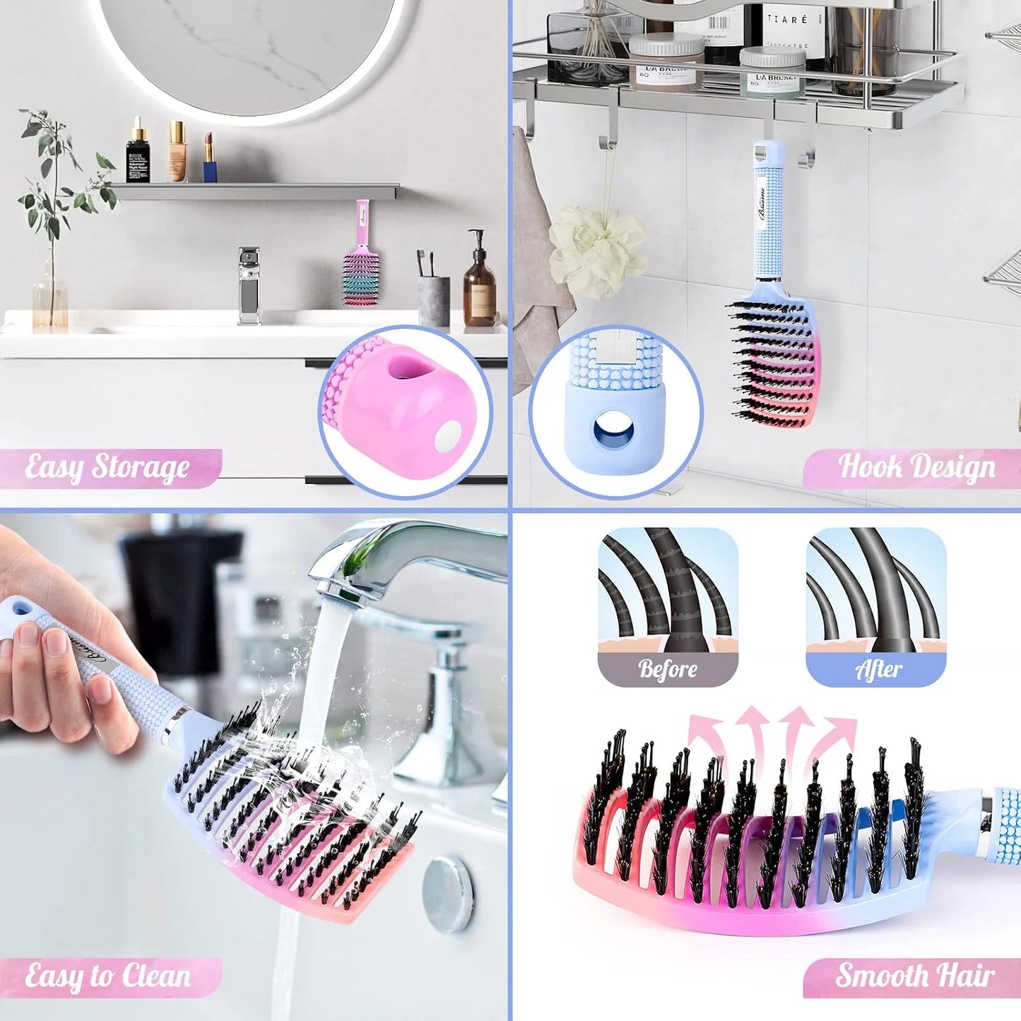 Boar Bristle Hair Brush Curved Vented Detangler Brush Faster Blow Drying, Paddle Detangling Brush for Women Men Kids Wet Dry Long Curly Thick Straight Hair, Make Hair Shiny and Healthier(Purple+Green)
